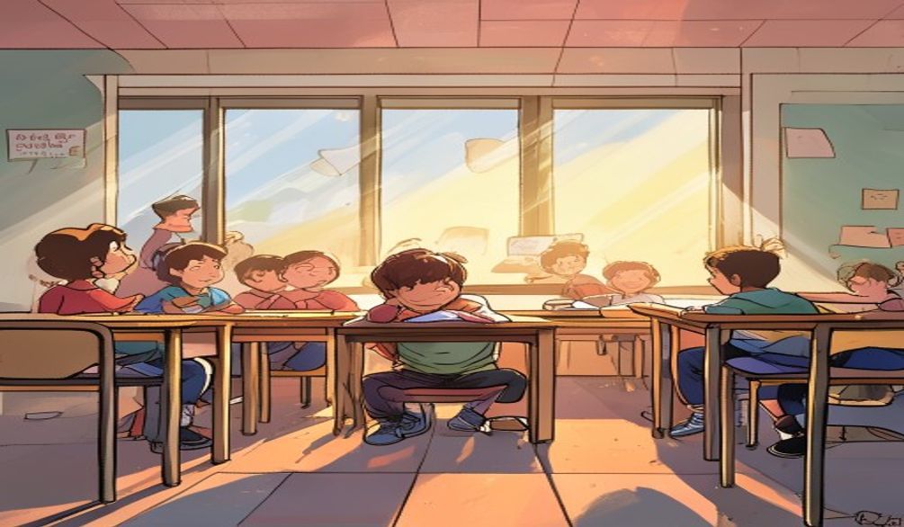 Dítě samo v třídě zatímco ostatní se baví ve skupinkách